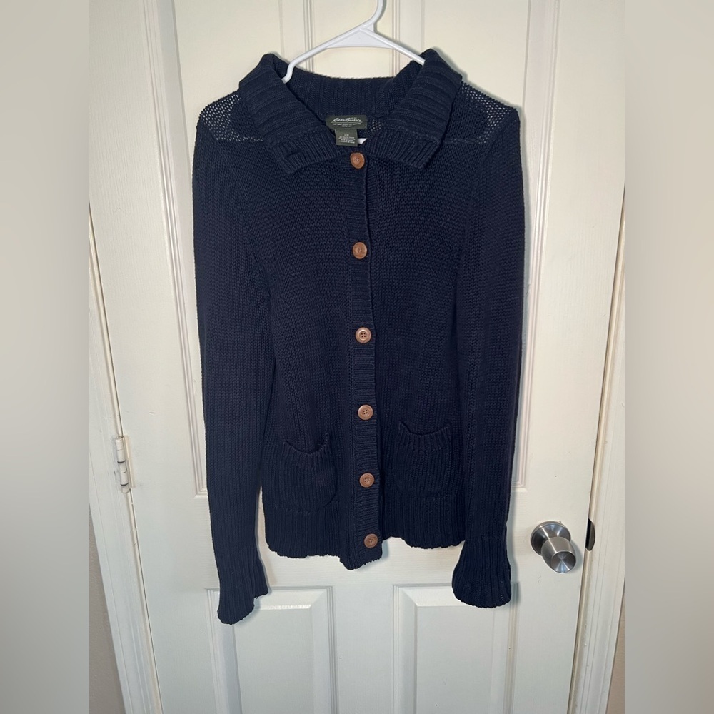 Eddie Bauer Navy Blue Knit Button Front Cardigan Sweater Size L - Picture 4 of 10